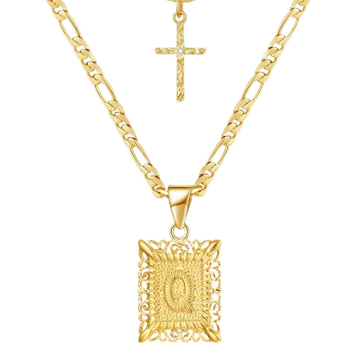 Collier double chaîne creux doré avec lettres carrées et croix - Q - image 19