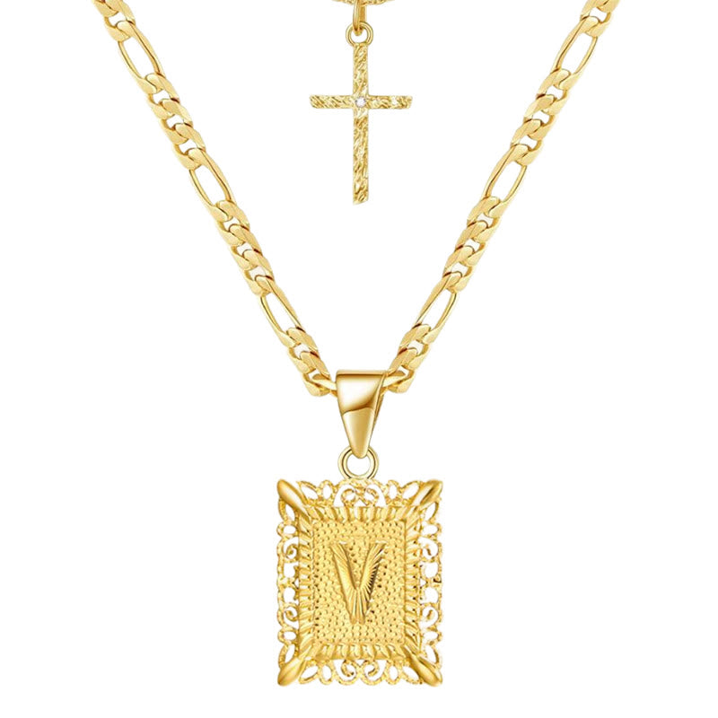 Collier double chaîne creux doré avec lettres carrées et croix - V - image 24