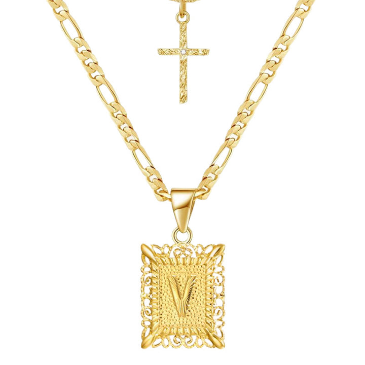 Collier double chaîne creux doré avec lettres carrées et croix - V - image 24