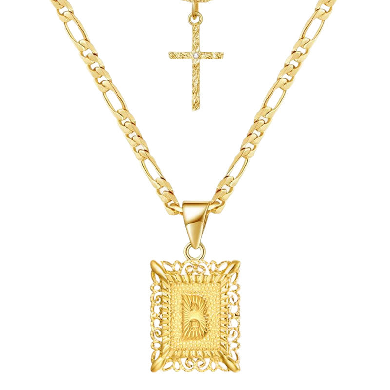 Collier double chaîne creux doré avec lettres carrées et croix - B - image 4