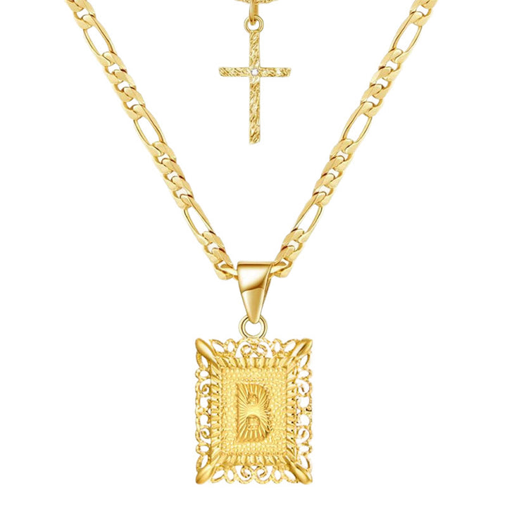 Collier double chaîne creux doré avec lettres carrées et croix - B - image 4