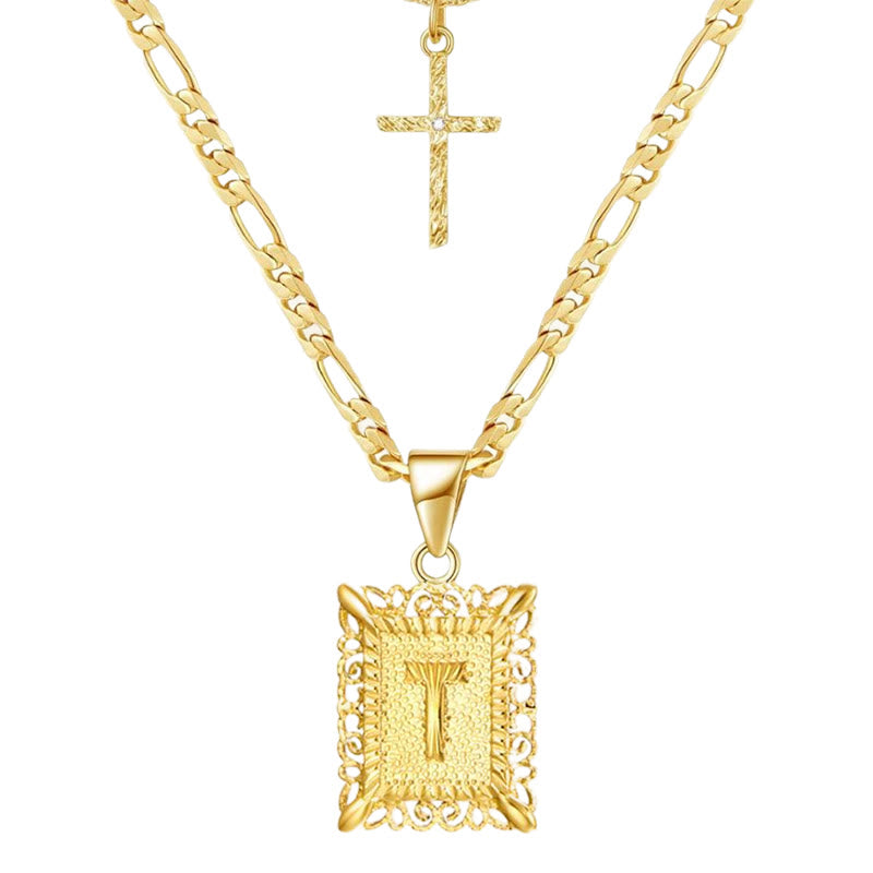 Collier double chaîne creux doré avec lettres carrées et croix - T - image 22