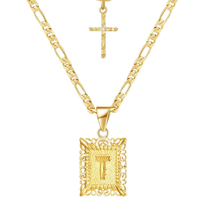 Collier double chaîne creux doré avec lettres carrées et croix - T - image 22