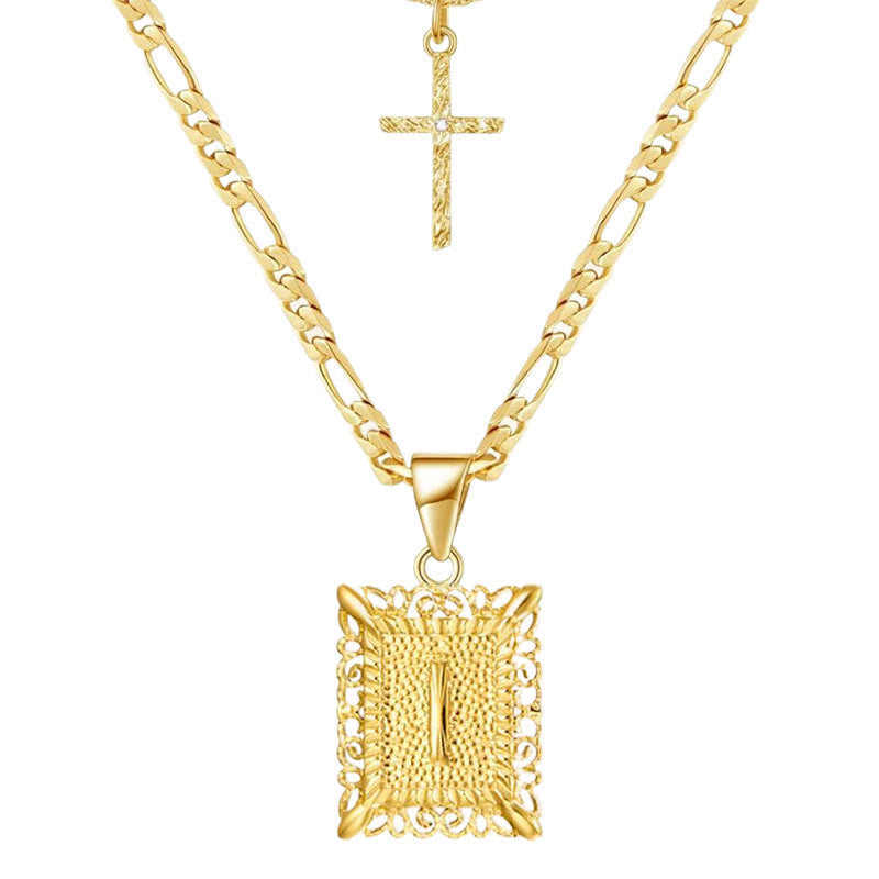 Collier double chaîne creux doré avec lettres carrées et croix - je - image 11