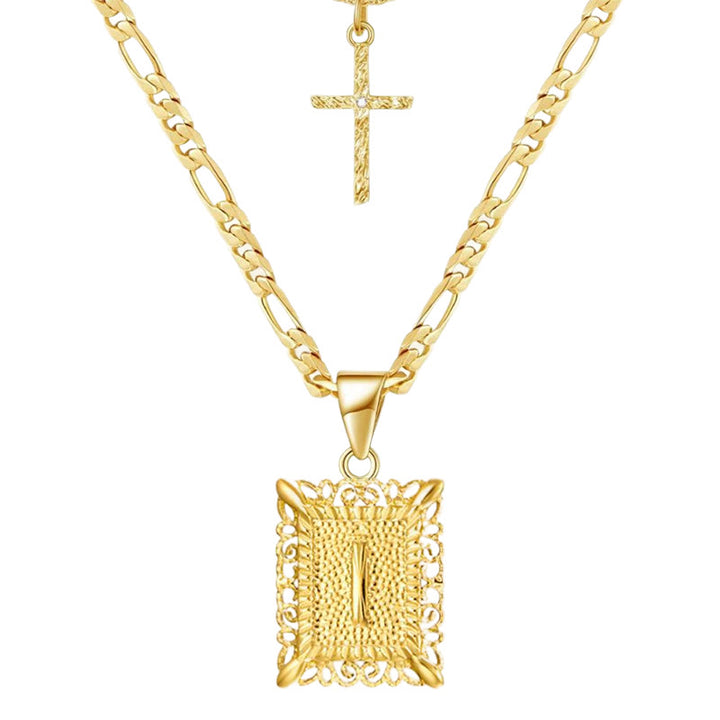 Collier double chaîne creux doré avec lettres carrées et croix - je - image 11