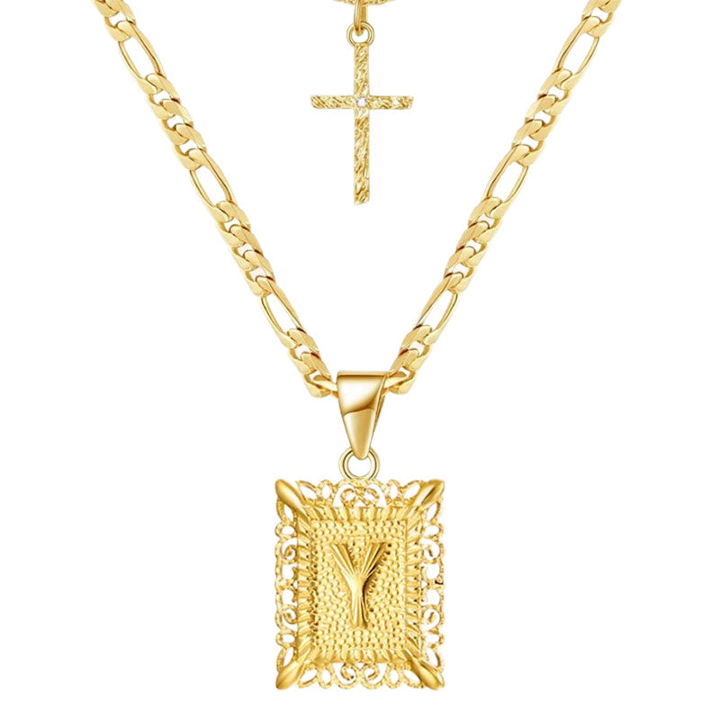 Collier double chaîne creux doré avec lettres carrées et croix - Oui - image 27