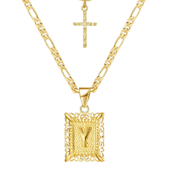 Collier double chaîne creux doré avec lettres carrées et croix - Oui - image 27