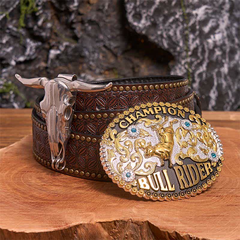 Ensemble de boucles de ceinture Golden DIY Bull Rider avec pendentif Longhorn Bull - Cavalier de taureau - Ceinture à rivets marron - 42 - image 4