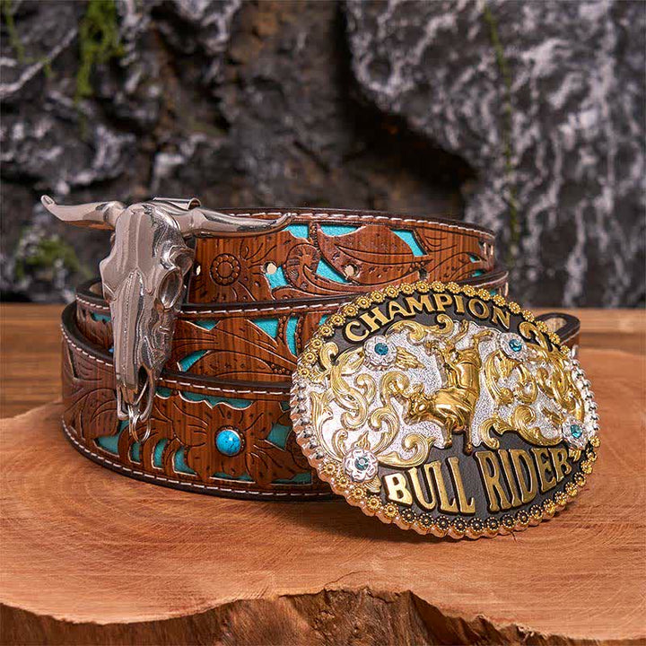 Ensemble de boucles de ceinture Golden DIY Bull Rider avec pendentif Longhorn Bull - Cavalier de taureau - Ceinture sculptée en turquoise - 42 - image 0