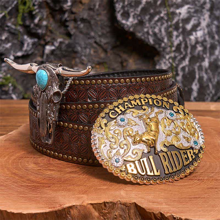Boucle de ceinture DIY Bull Rider, pendentif taureau Longhorn turquoise, ensemble - Cavalier de taureau - Ceinture à rivets marron - 42 - image 4