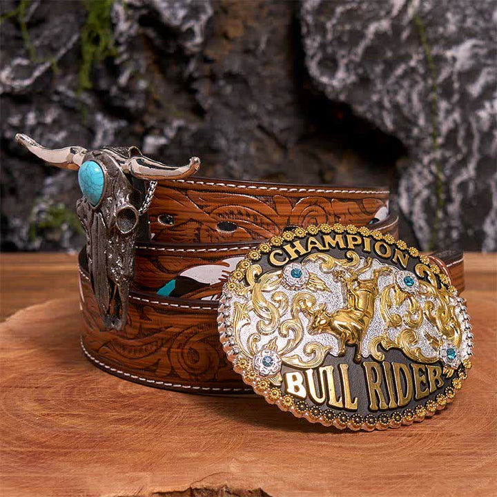 Boucle de ceinture DIY Bull Rider, pendentif taureau Longhorn turquoise, ensemble - Cavalier de taureau - Ceinture à plumes marron - 40 - image 7