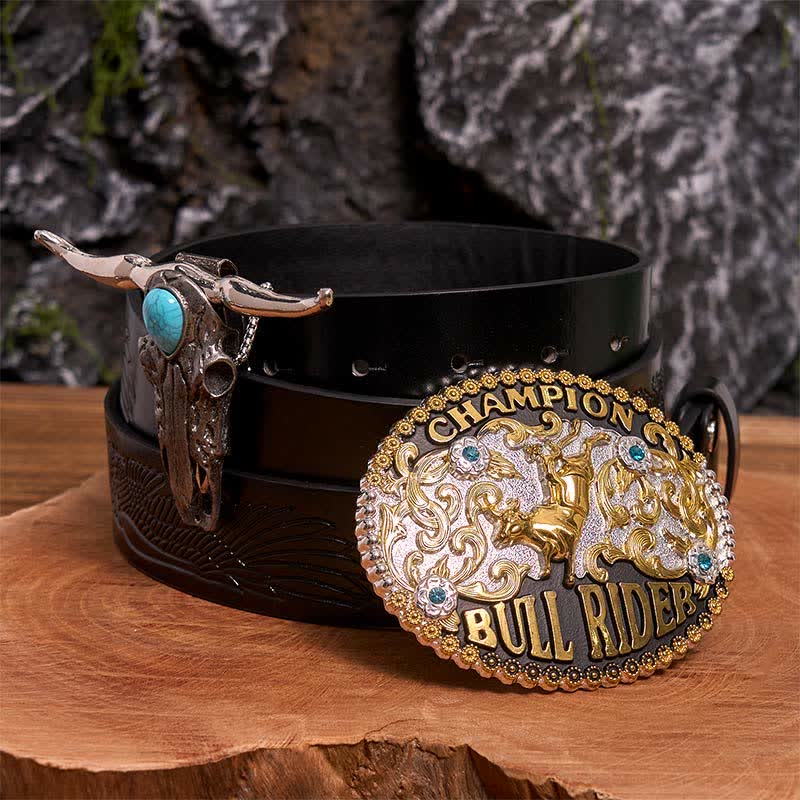 Boucle de ceinture DIY Bull Rider, pendentif taureau Longhorn turquoise, ensemble - Cavalier de taureau - Ceinture noire avec aigle en relief - 42 - image 3