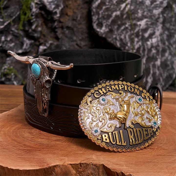 Boucle de ceinture DIY Bull Rider, pendentif taureau Longhorn turquoise, ensemble - Cavalier de taureau - Ceinture noire avec aigle en relief - 42 - image 3