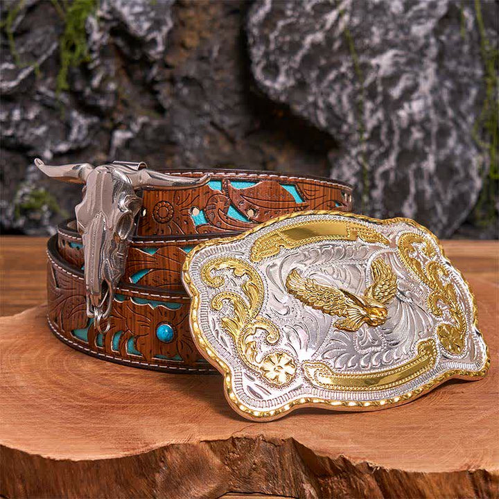 Ensemble de boucles de ceinture et pendentifs en forme d'aigle volant doré à faire soi-même, taureau à longues cornes - Aigle volant - Ceinture sculptée en turquoise - 42 - image 3