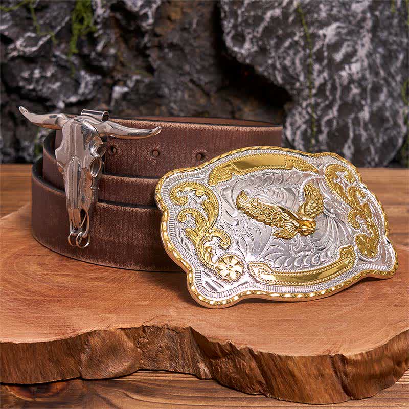 Ensemble de boucles de ceinture et pendentifs en forme d'aigle volant doré à faire soi-même, taureau à longues cornes - Aigle volant - Ceinture marron vieillie - 42 - image 5