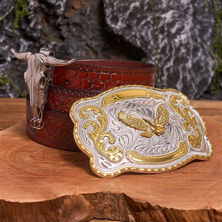 Ensemble de boucles de ceinture et pendentifs en forme d'aigle volant doré à faire soi-même, taureau à longues cornes - Aigle volant - Ceinture marron sculptée - 42 - image 6