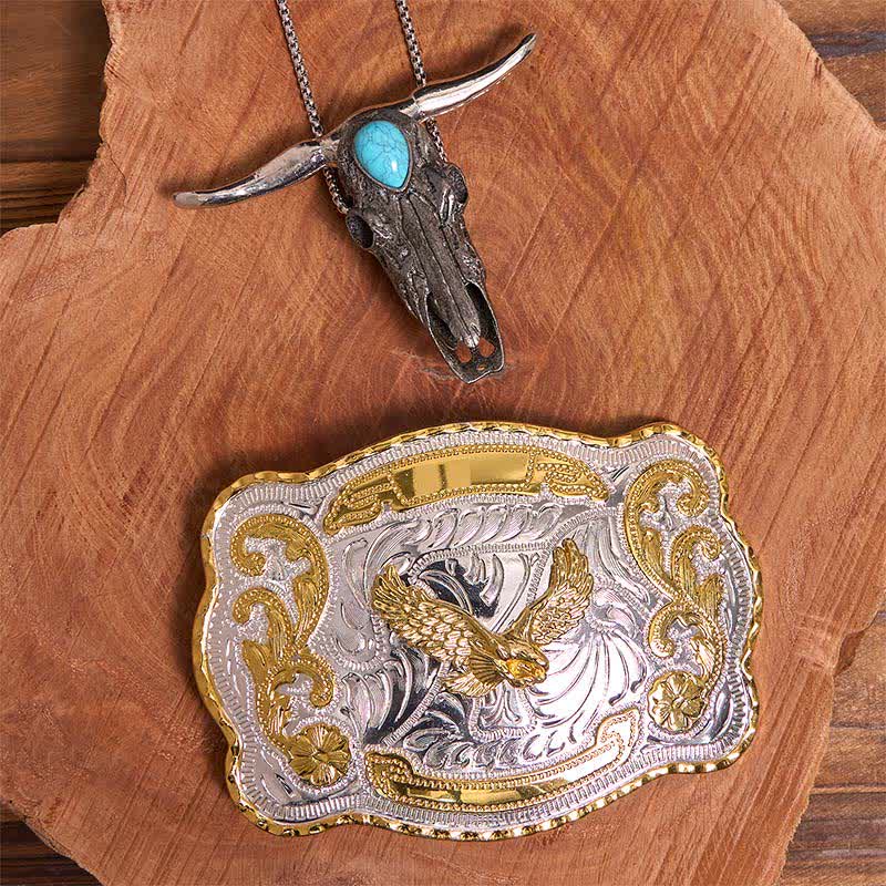 Ensemble de boucles de ceinture Gold Eagle DIY avec pendentif taureau à longues cornes turquoise - Aigle volant - Sans ceinture - Ceinture non incluse - image 1