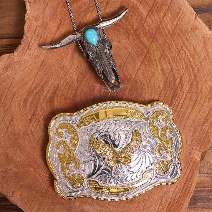 Ensemble de boucles de ceinture Gold Eagle DIY avec pendentif taureau à longues cornes turquoise - Aigle volant - Sans ceinture - Ceinture non incluse - image 1
