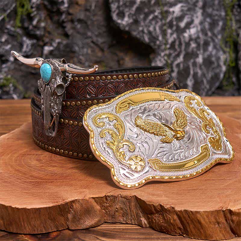Ensemble de boucles de ceinture Gold Eagle DIY avec pendentif taureau à longues cornes turquoise - Aigle volant - Ceinture à rivets marron - 42 - image 4