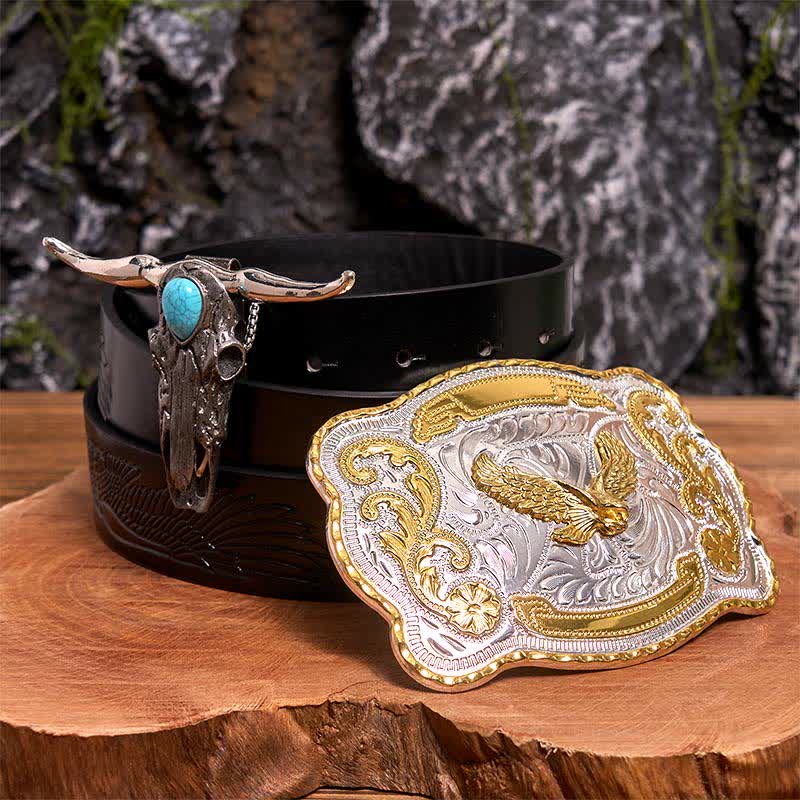Ensemble de boucles de ceinture Gold Eagle DIY avec pendentif taureau à longues cornes turquoise - Aigle volant - Ceinture noire avec aigle en relief - 42 - image 0