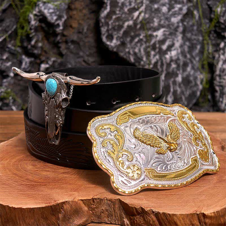 Ensemble de boucles de ceinture Gold Eagle DIY avec pendentif taureau à longues cornes turquoise - Aigle volant - Ceinture noire avec aigle en relief - 42 - image 0