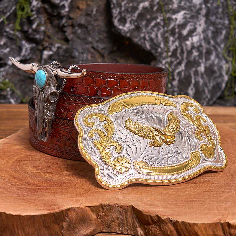 Boucle de ceinture Gold Eagle DIY avec pendentif taureau Longhorn turquoise - Aigle volant - Ceinture marron sculptée - 42 - image 6