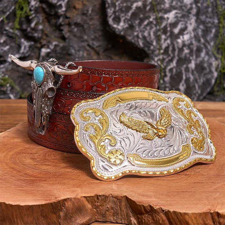 Boucle de ceinture Gold Eagle DIY avec pendentif taureau Longhorn turquoise - Aigle volant - Ceinture marron sculptée - 42 - image 6