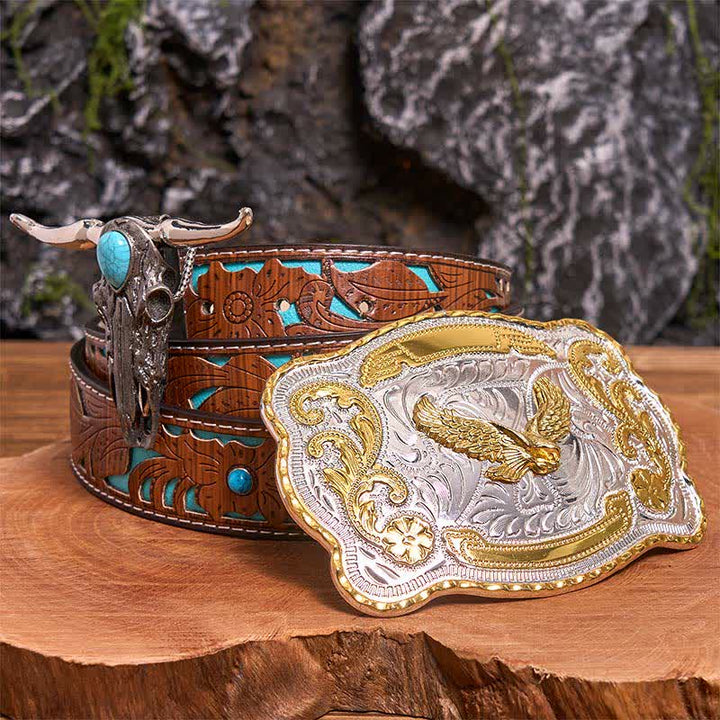 Ensemble de boucles de ceinture Gold Eagle DIY avec pendentif taureau à longues cornes turquoise - Aigle volant - Ceinture sculptée en turquoise - 42 - image 3