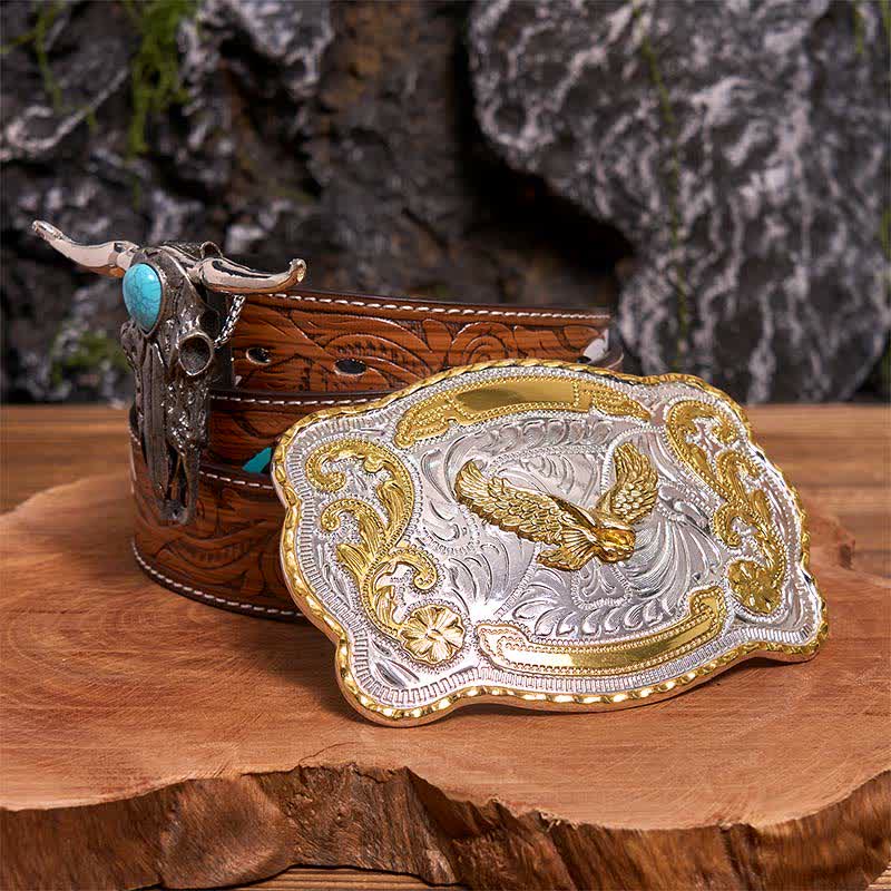 Ensemble de boucles de ceinture Gold Eagle DIY avec pendentif taureau à longues cornes turquoise - Aigle volant - Ceinture à plumes marron - 40 - image 7