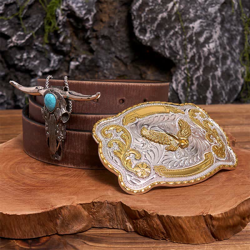 Ensemble de boucles de ceinture Gold Eagle DIY avec pendentif taureau à longues cornes turquoise - Aigle volant - Ceinture marron vieillie - 42 - image 5