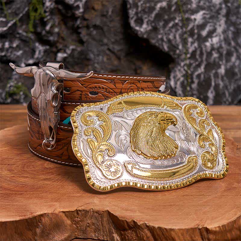 Ensemble de boucles de ceinture à tête d'aigle dorée à faire soi-même, pendentif taureau à longues cornes - Tête d'aigle - Ceinture à plumes marron - 40 - image 7