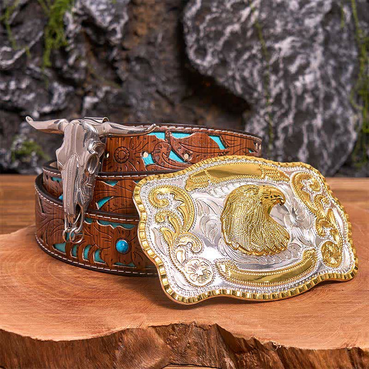 Ensemble de boucles de ceinture à tête d'aigle dorée à faire soi-même, pendentif taureau à longues cornes - Tête d'aigle - Ceinture sculptée en turquoise - 42 - image 3