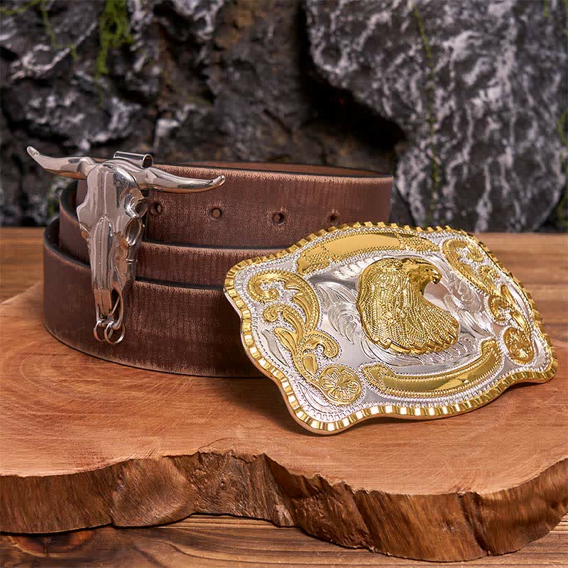 Ensemble de boucles de ceinture à tête d'aigle dorée à faire soi-même, pendentif taureau à longues cornes - Tête d'aigle - Ceinture marron vieillie - 42 - image 5