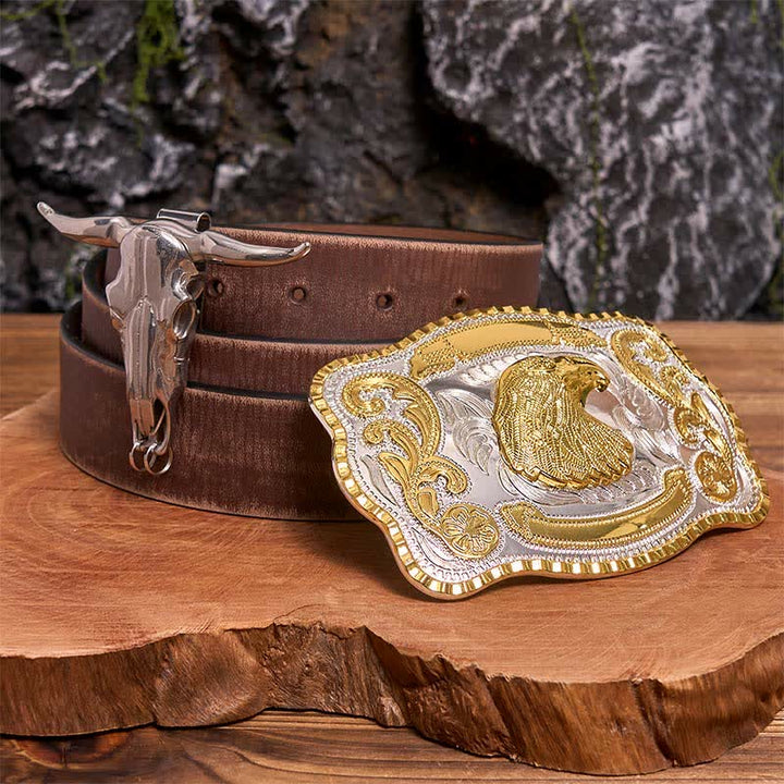 Ensemble de boucles de ceinture à tête d'aigle dorée à faire soi-même, pendentif taureau à longues cornes - Tête d'aigle - Ceinture marron vieillie - 42 - image 5
