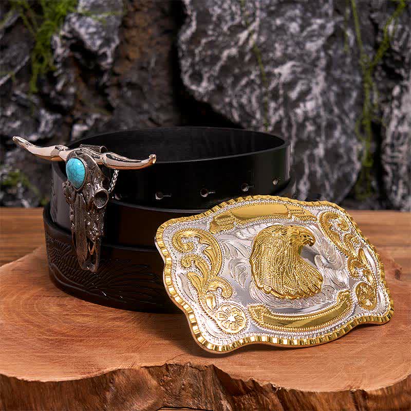 Ensemble de pendentifs de taureau à longues cornes turquoise avec boucle de ceinture à faire soi-même et tête d'aigle - Tête d'aigle - Ceinture noire avec aigle en relief - 42 - image 0