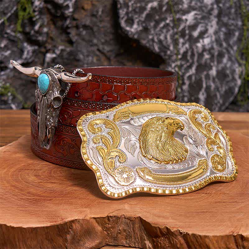 Ensemble de pendentifs de taureau à longues cornes turquoise avec boucle de ceinture à faire soi-même et tête d'aigle - Tête d'aigle - Ceinture marron sculptée - 42 - image 6