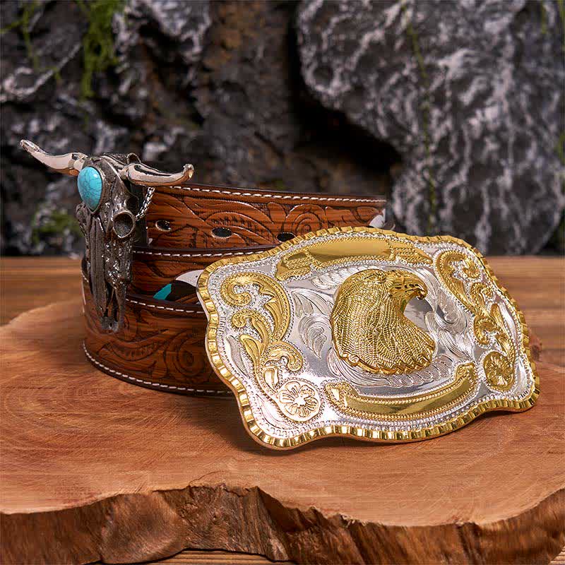 Ensemble de pendentifs de taureau à longues cornes turquoise avec boucle de ceinture à faire soi-même et tête d'aigle - Tête d'aigle - Ceinture à plumes marron - 40 - image 7