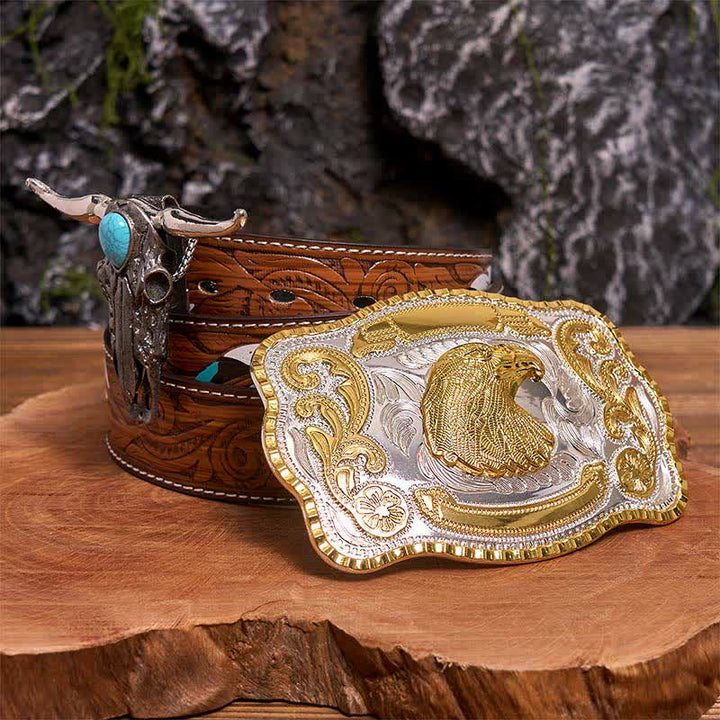 Boucle de ceinture à faire soi-même avec tête d'aigle et pendentif taureau Longhorn turquoise - Tête d'aigle - Ceinture à plumes marron - 40 - image 7