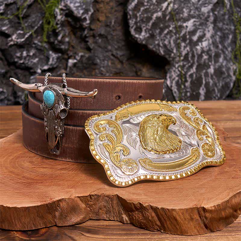 Ensemble de pendentifs de taureau à longues cornes turquoise avec boucle de ceinture à faire soi-même et tête d'aigle - Tête d'aigle - Ceinture marron vieillie - 42 - image 5