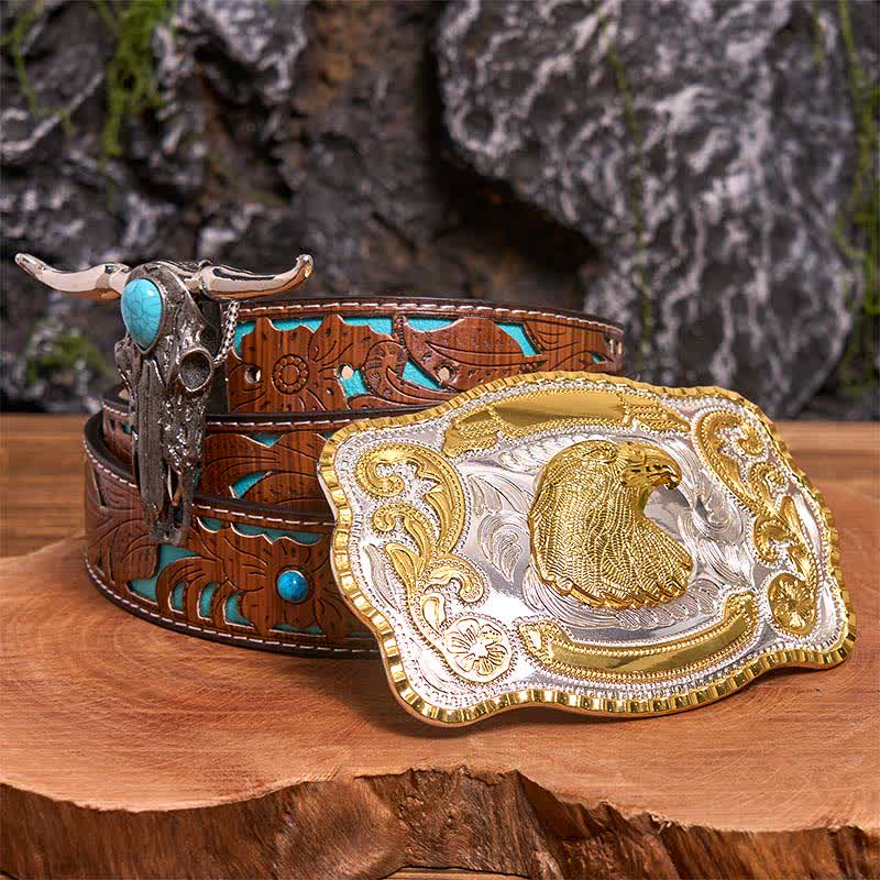 Ensemble de pendentifs de taureau à longues cornes turquoise avec boucle de ceinture à faire soi-même et tête d'aigle - Tête d'aigle - Ceinture sculptée en turquoise - 42 - image 3