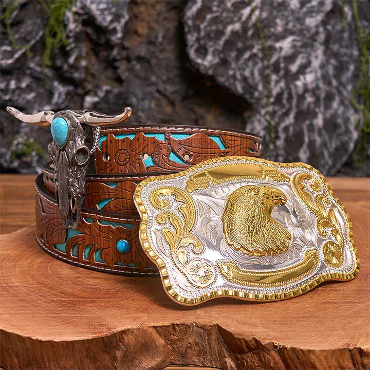 Ensemble de pendentifs de taureau à longues cornes turquoise avec boucle de ceinture à faire soi-même et tête d'aigle - Tête d'aigle - Ceinture sculptée en turquoise - 42 - image 3