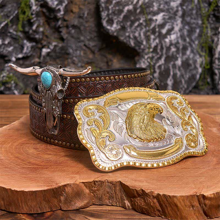 Boucle de ceinture à faire soi-même avec tête d'aigle et pendentif taureau Longhorn turquoise - Tête d'aigle - Ceinture à rivets marron - 42 - image 4