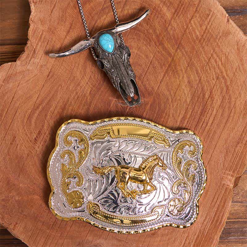 Ensemble de boucles de ceinture en or et pendentif taureau turquoise à longues cornes - Cheval - Sans ceinture - Ceinture non incluse - image 1
