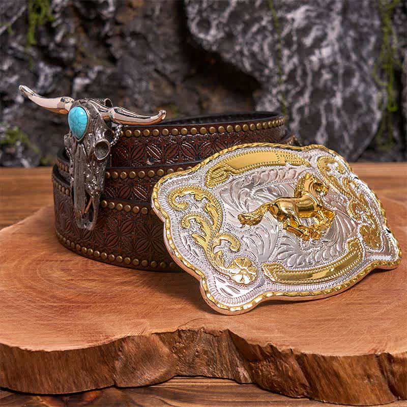 Ensemble de boucles de ceinture en or et pendentif taureau turquoise à longues cornes - Cheval - Ceinture à rivets marron - 42 - image 5