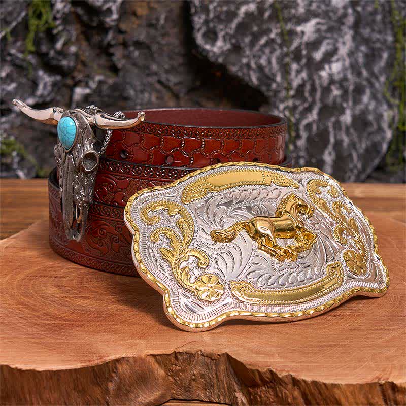 Ensemble de boucles de ceinture en or et pendentif taureau turquoise à longues cornes - Cheval - Ceinture marron sculptée - 42 - image 7