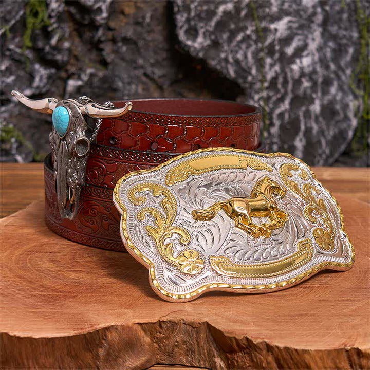 Ensemble de boucles de ceinture en or et pendentif taureau turquoise à longues cornes - Cheval - Ceinture marron sculptée - 42 - image 7