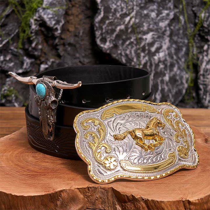 Ensemble de boucles de ceinture en or et pendentif taureau turquoise à longues cornes - Cheval - Ceinture noire avec aigle en relief - 42 - image 3