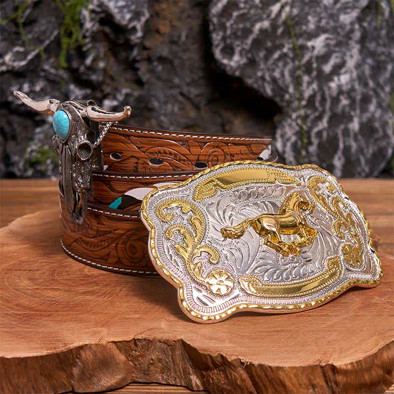 Ensemble de boucles de ceinture en or et pendentif taureau turquoise à longues cornes - Cheval - Ceinture à plumes marron - 40 - image 0