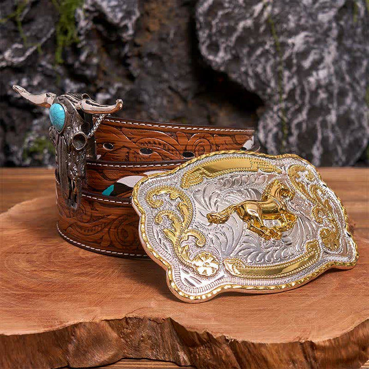 Ensemble de boucles de ceinture en or et pendentif taureau turquoise à longues cornes - Cheval - Ceinture à plumes marron - 40 - image 0