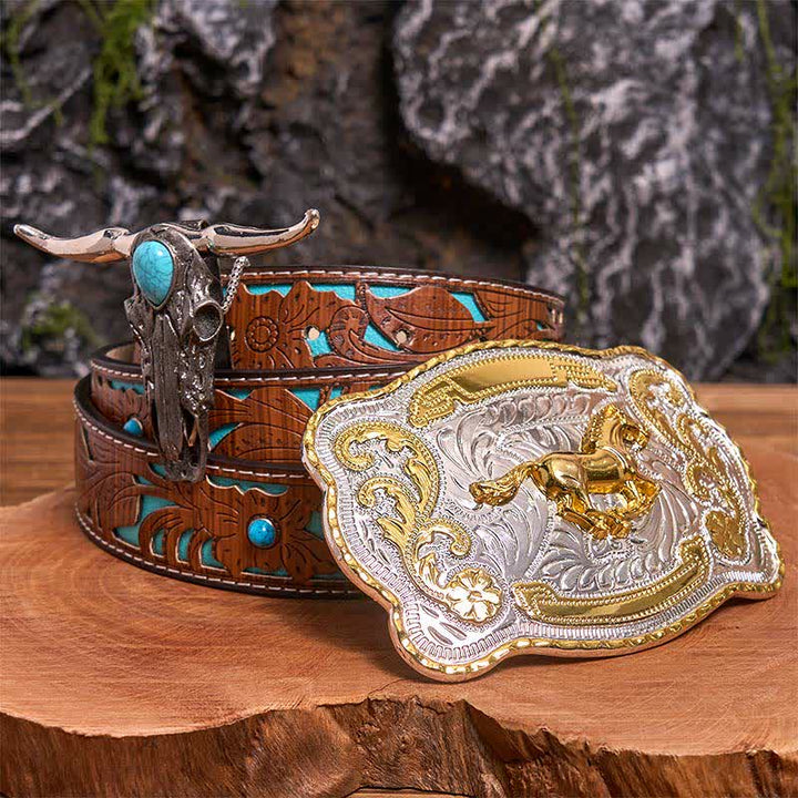 Ensemble de boucles de ceinture en or et pendentif taureau turquoise à longues cornes - Cheval - Ceinture sculptée en turquoise - 42 - image 4
